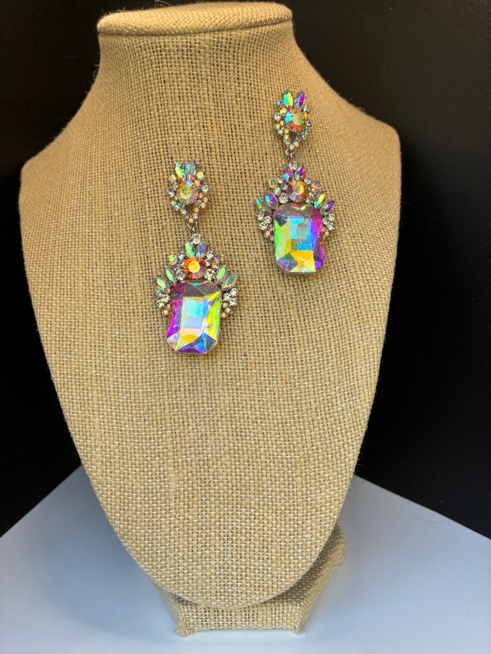 Large Rectangular Iridescent Silver-Tone Rhinestone Earrings